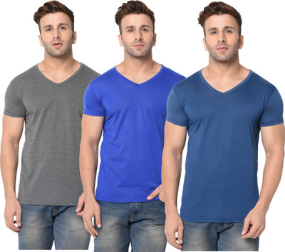 Adorbs Solid Men V Neck Blue, Grey T-Shirt
