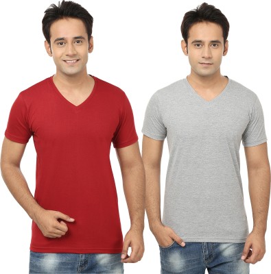 Adorbs Self Design, Solid Men V Neck Maroon, Grey T-Shirt