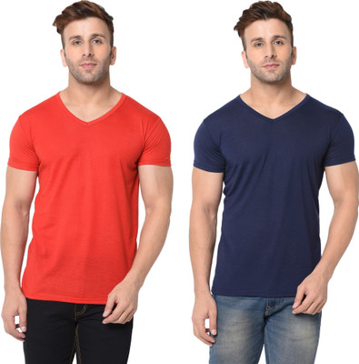Adorbs Solid Men V Neck Dark Blue, Red T-Shirt