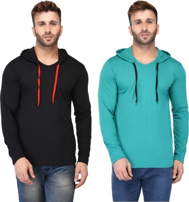 Adorbs Self Design, Solid Men Hooded Neck Light Blue, Black T-Shirt