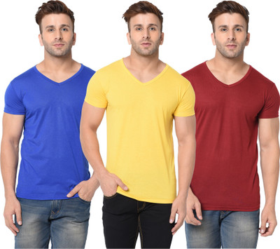 Adorbs Solid Men V Neck Blue, Maroon, Yellow T-Shirt