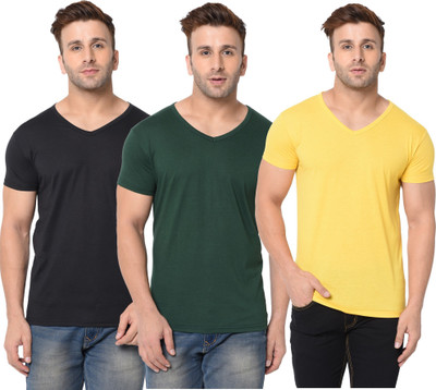 Jangoboy Solid Men V Neck Dark Green, Black, Yellow T-Shirt