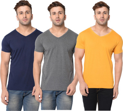 Jangoboy Solid Men V Neck Dark Blue, Grey, Yellow T-Shirt