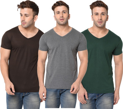 Jangoboy Solid Men V Neck Dark Green, Brown, Grey T-Shirt