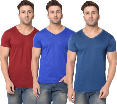 Jangoboy Solid Men V Neck Dark Blue, Maroon, Blue T-Shirt