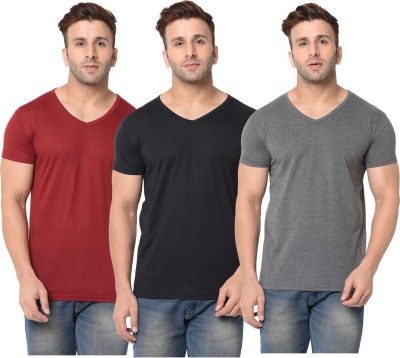 Jangoboy Solid Men V Neck Maroon, Black, Grey T-Shirt