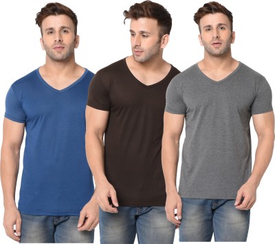 Jangoboy Solid Men V Neck Dark Blue, Brown, Grey T-Shirt