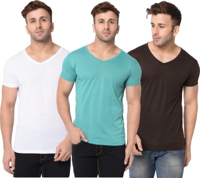 Jangoboy Solid Men V Neck White, Brown, Light Green T-Shirt