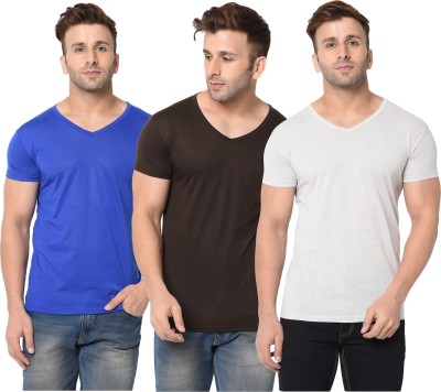 Jangoboy Solid Men V Neck Blue, Brown, Grey T-Shirt