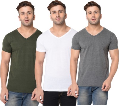 Jangoboy Solid Men V Neck Green, White, Grey T-Shirt