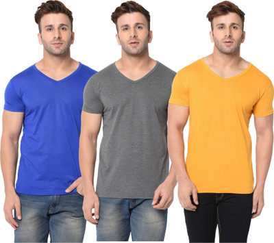 Jangoboy Solid Men V Neck Blue, Grey, Yellow T-Shirt