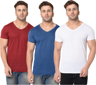 Jangoboy Solid Men V Neck Dark Blue, White, Maroon T-Shirt