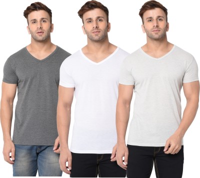 Adorbs Self Design Men V Neck White, Grey T-Shirt