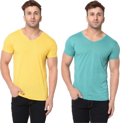 Adorbs Solid Men V Neck Yellow, Light Green T-Shirt