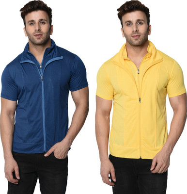 Adorbs Self Design, Solid Men Polo Neck Dark Blue, Yellow T-Shirt