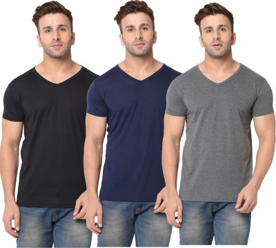 Jangoboy Solid Men V Neck Blue, Black, Grey T-Shirt