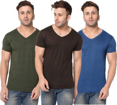 Jangoboy Solid Men V Neck Green, Brown, Blue T-Shirt