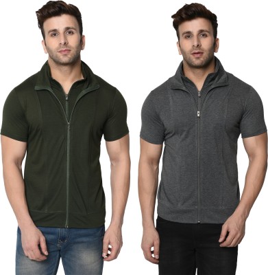 Adorbs Self Design, Solid Men Polo Neck Dark Green, Grey T-Shirt