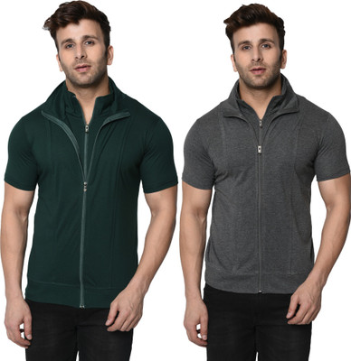 Adorbs Self Design, Solid Men Polo Neck Dark Green, Grey T-Shirt