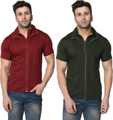 Adorbs Solid Men High Neck Dark Green, Maroon T-Shirt