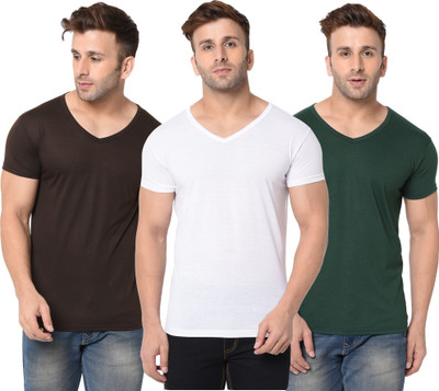 Adorbs Solid Men V Neck Dark Green, White, Brown T-Shirt