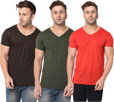 Jangoboy Solid Men V Neck Dark Green, Red, Brown T-Shirt