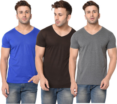Adorbs Solid Men V Neck Blue, Brown, Grey T-Shirt