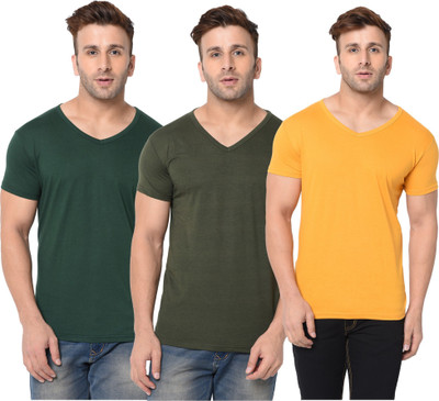 Adorbs Solid Men V Neck Dark Green, Yellow T-Shirt