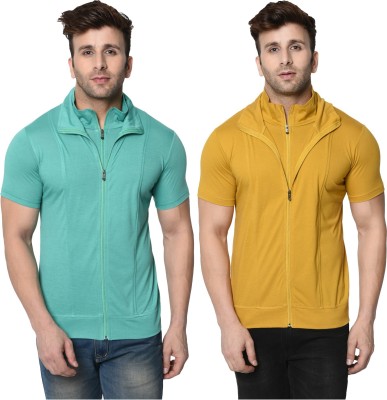 Adorbs Solid Men High Neck Light Green, Yellow T-Shirt