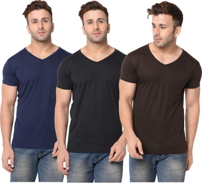 Jangoboy Solid Men V Neck Dark Blue, Brown, Black T-Shirt