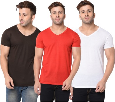 Jangoboy Solid Men V Neck Red, White, Brown T-Shirt