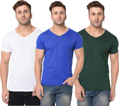 Jangoboy Solid Men V Neck Dark Green, White, Blue T-Shirt