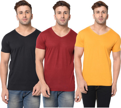 Adorbs Solid Men V Neck Maroon, Black, Yellow T-Shirt