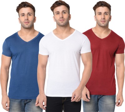 Jangoboy Solid Men V Neck Dark Blue, White, Maroon T-Shirt