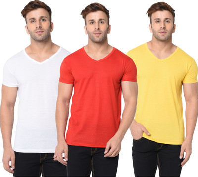 Adorbs Solid Men V Neck Red, White, Yellow T-Shirt