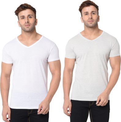 Adorbs Solid Men V Neck White, Grey T-Shirt