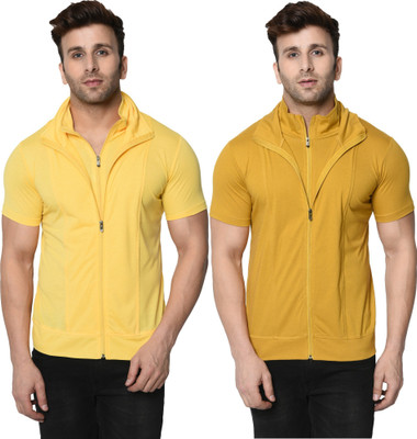 Adorbs Self Design, Solid Men High Neck Yellow T-Shirt