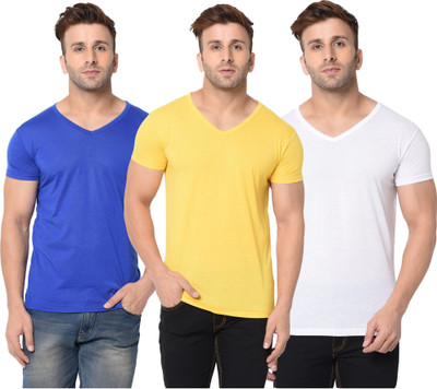 Jangoboy Solid Men V Neck White, Blue, Yellow T-Shirt