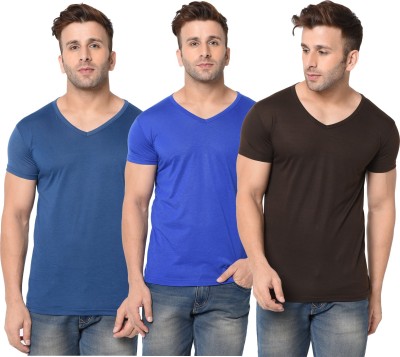 Jangoboy Solid Men V Neck Dark Blue, Blue, Brown T-Shirt