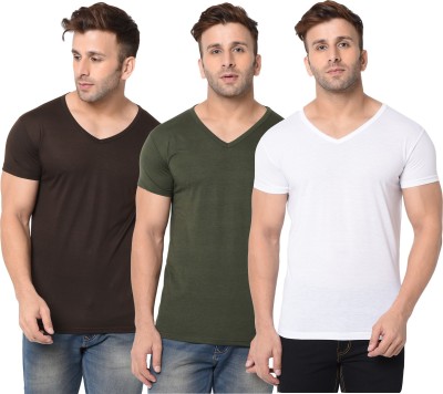 Jangoboy Solid Men V Neck Dark Green, White, Brown T-Shirt