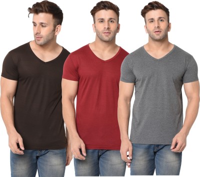 Jangoboy Solid Men V Neck Brown, Maroon, Grey T-Shirt