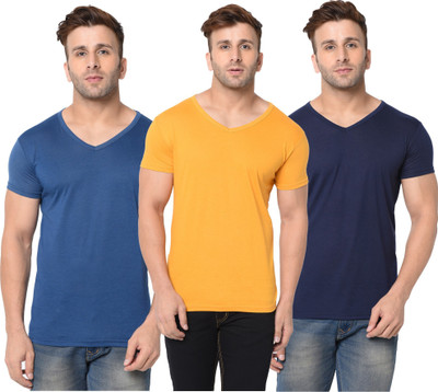 Adorbs Solid Men V Neck Dark Blue, Blue, Yellow T-Shirt