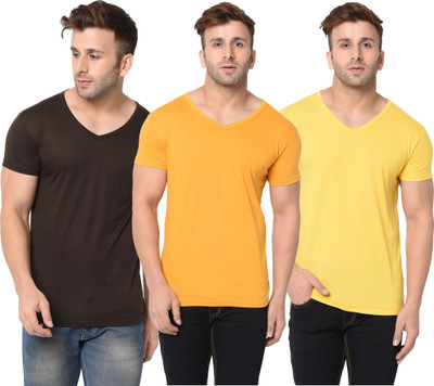 Jangoboy Solid Men V Neck Brown, Yellow T-Shirt