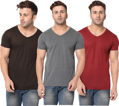 Jangoboy Solid Men V Neck Brown, Maroon, Grey T-Shirt