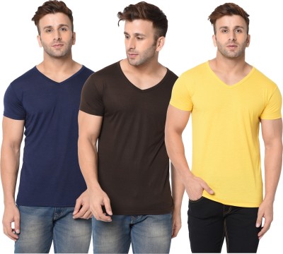 Jangoboy Solid Men V Neck Dark Blue, Brown, Yellow T-Shirt