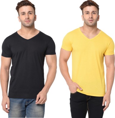 Jangoboy Solid Men V Neck Black, Yellow T-Shirt
