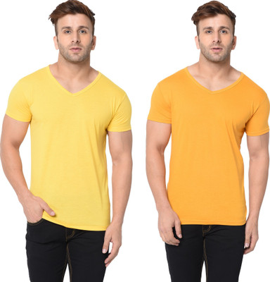 Moordale Solid Men V Neck Yellow T-Shirt