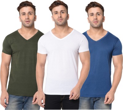 Jangoboy Solid Men V Neck Green, White, Blue T-Shirt