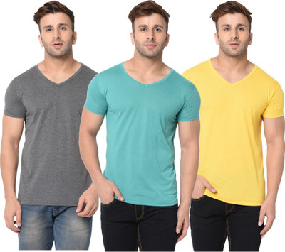 Jangoboy Self Design, Solid Men V Neck Light Blue, Grey, Yellow T-Shirt
