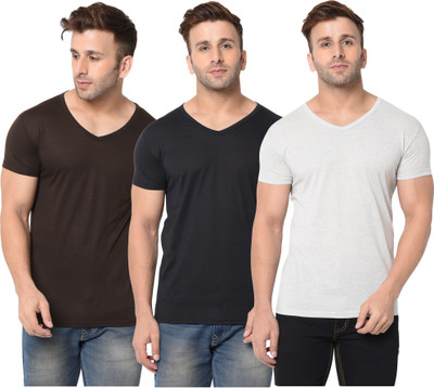 Jangoboy Solid Men V Neck Brown, Black, Grey T-Shirt